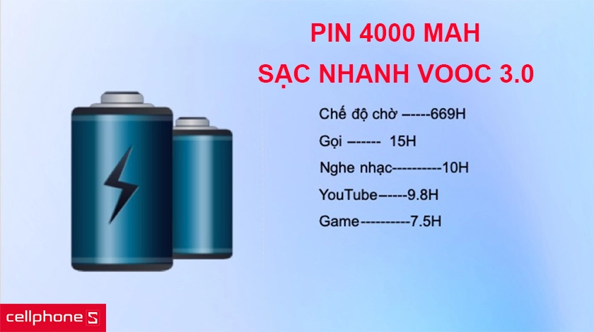 Viên pin khủng 4100mAh sử dụng thông thả trong hai ngày, sạc nhanh VOOC