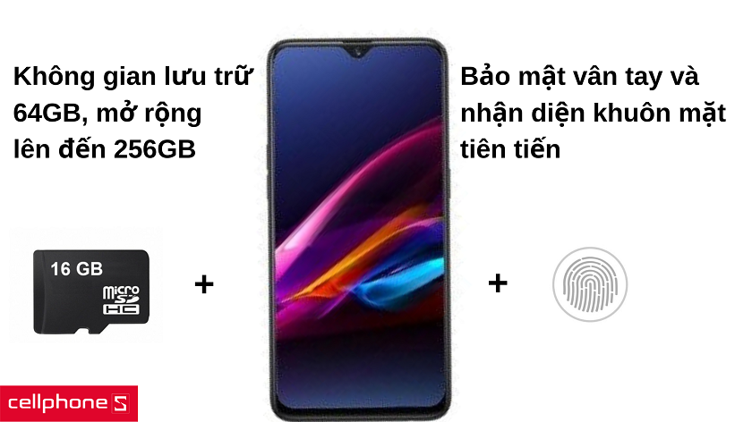 Dung lượng lưu trữ 64GB rộng rãi đuợc bảo vệ bởi phương thức bảo mật sinh trắc học