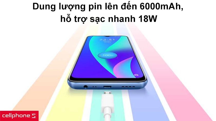 Dung lượng pin lên đến 6000mAh, hỗ trợ sạc nhanh 18W