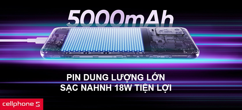 Pin dung lượng lớn, hỗ trợ sạc nhanh 18W tiện lợi