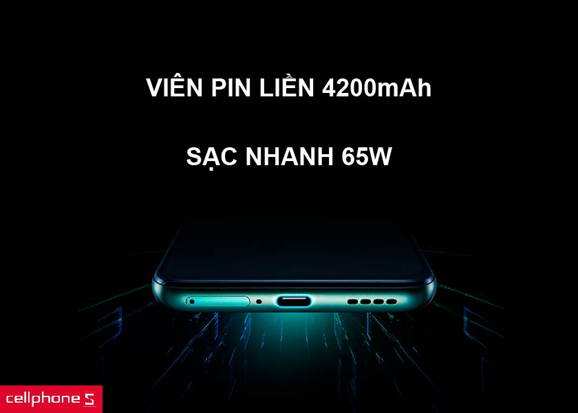 Viên pin liền 4200mAh và chuẩn sạc nhanh 65W, sạc đầy chỉ trong 35 phút