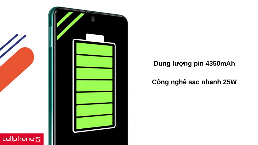 Dung lượng pin 4350mAh kèm sạc nhanh 25W cung cấp thời gian sử dụng ổn định