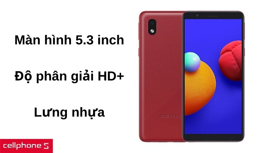 Thiết kế mặt lưng nhựa với đường sọc vòng cung và màn hình 5.3 inch HD+