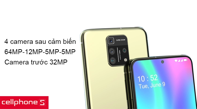 Hệ thống 4 camera với camera chính 64MP và camera selfie 32MP cực khủng