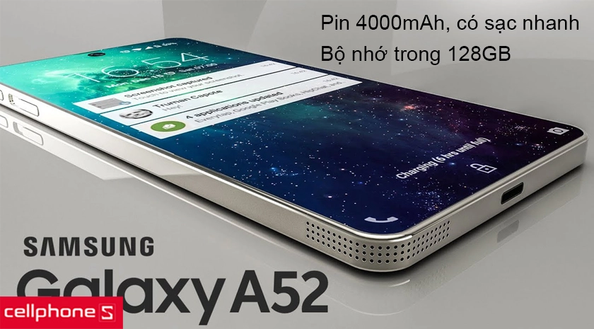 Bộ nhớ trong 128GB, hỗ trợ thẻ nhớ ngoài đến 512GB, pin dung lượng 4000mAh tích hợp sạc nhanh