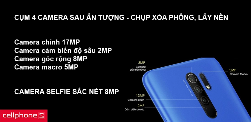 Bộ 4 camera sau với cảm biến chính lên tới 13MP, camera selfie 8MP
