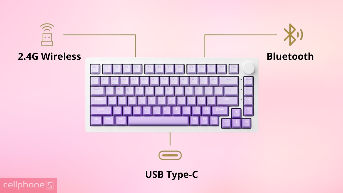 Kết nối linh hoạt trên Bàn phím cơ không dây Bluetooth Akko 5075 V3 White Purple Gradient