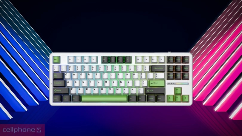 Thiết kế bàn phím cơ không dây Aula F87 đen trắng xanh lá Grey Wood Switch