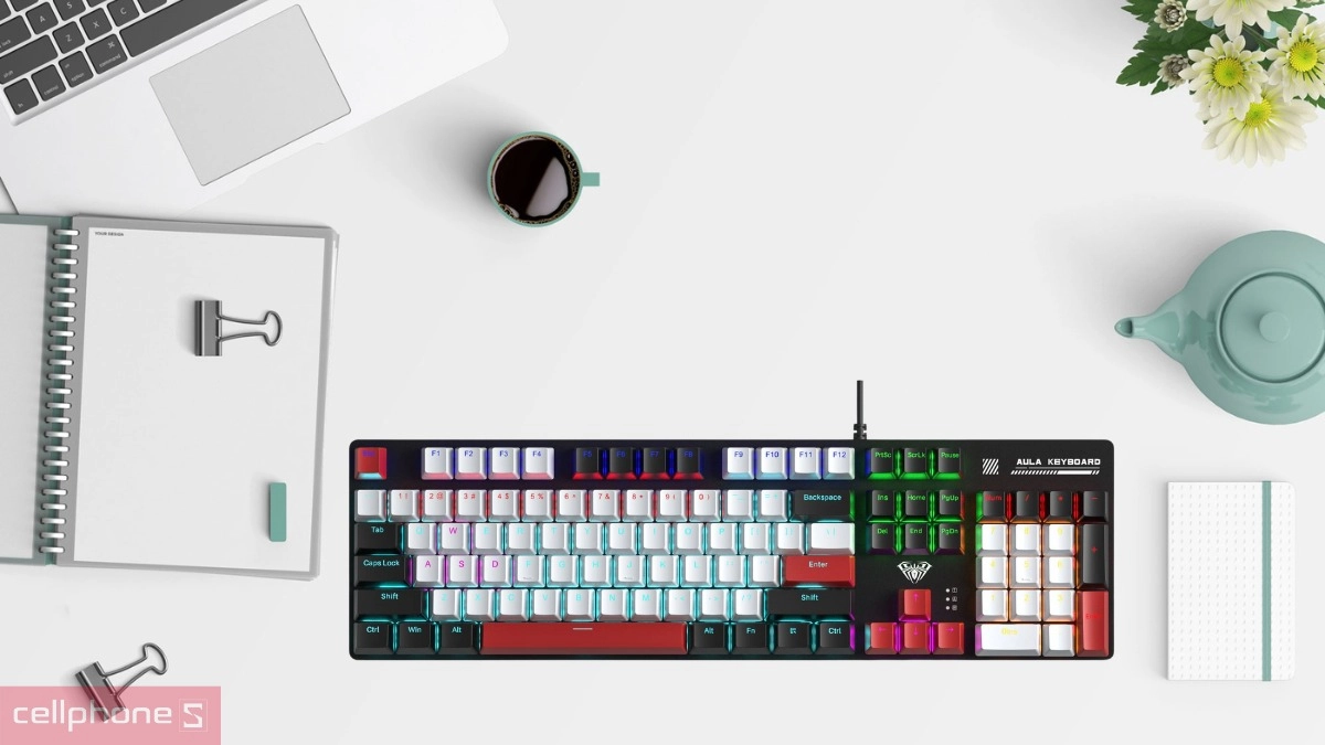 Thiết kế bàn phím cơ có dây AULA S500 đen trắng đỏ