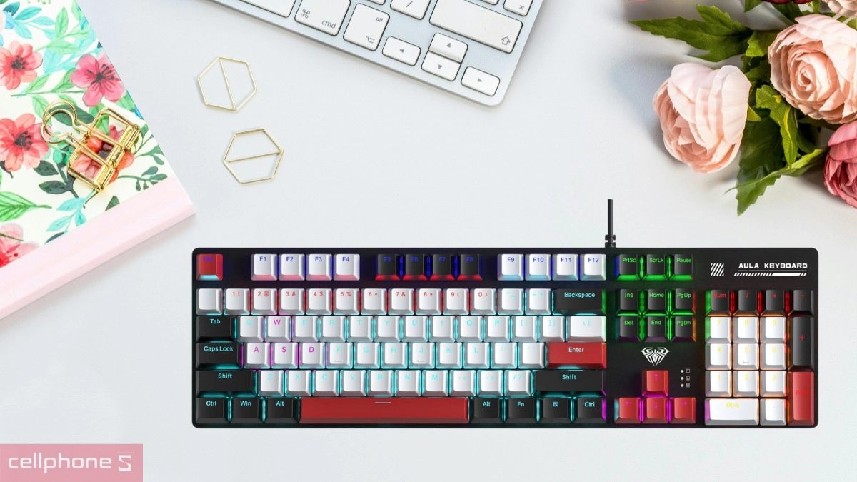 Layout bàn phím cơ có dây AULA S500 đen trắng đỏ