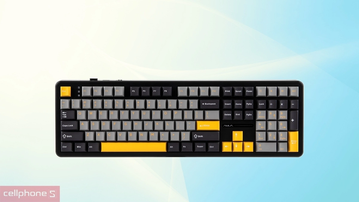 Thiết kế bàn phím cơ không dây Aula F108 đen xám vàng