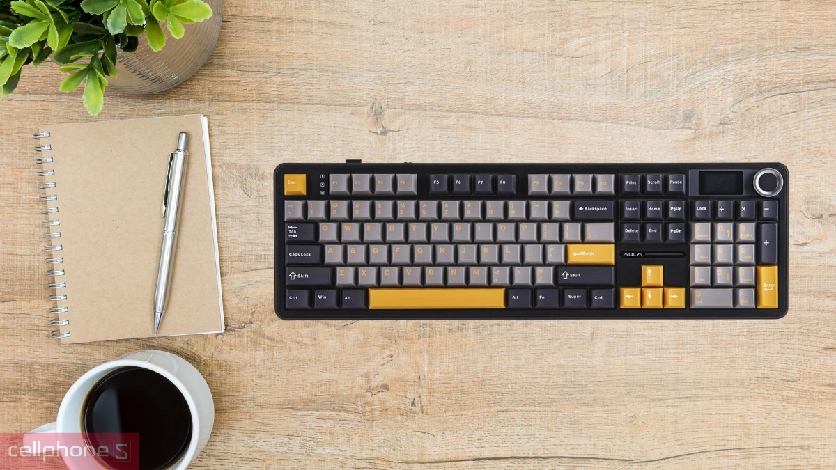 Thiết kế bàn phím cơ không dây Aula F108 Pro đen xám vàng