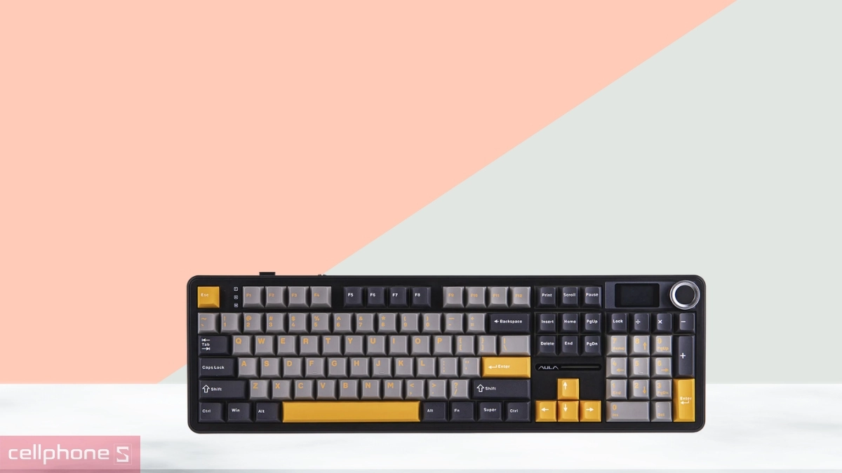 Keycap, switch hiện đại, bền bỉ của bàn phím cơ không dây Aula F108 Pro đen xám vàng