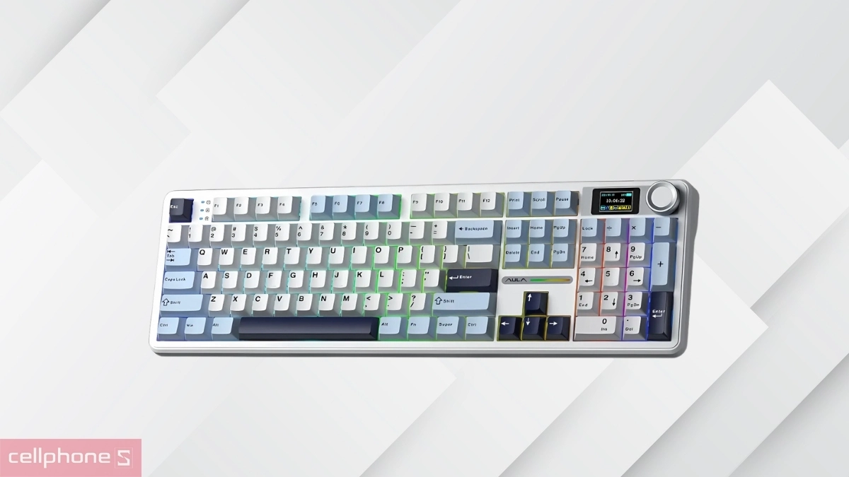 Bàn phím cơ không dây Aula F108 Pro xanh dương trắng tím đậm nổi bật với hệ thống đèn RGB