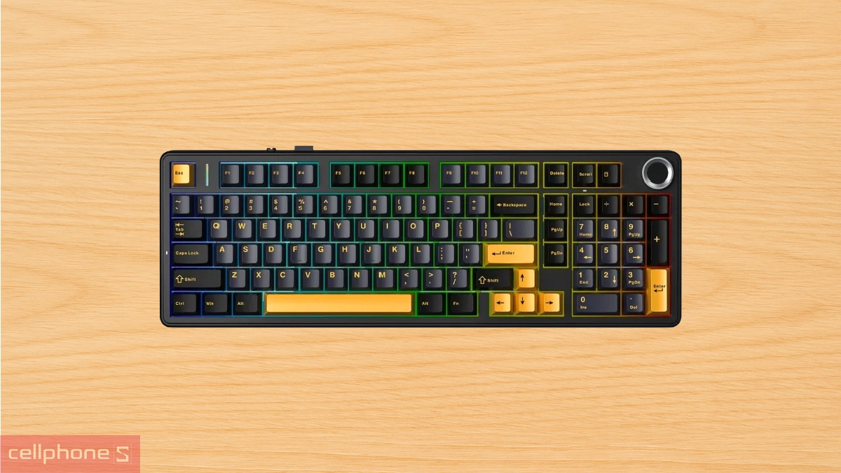 Thiết kế, đèn nền của bàn phím cơ không dây Aula F99 Pro đen xanh đậm cam