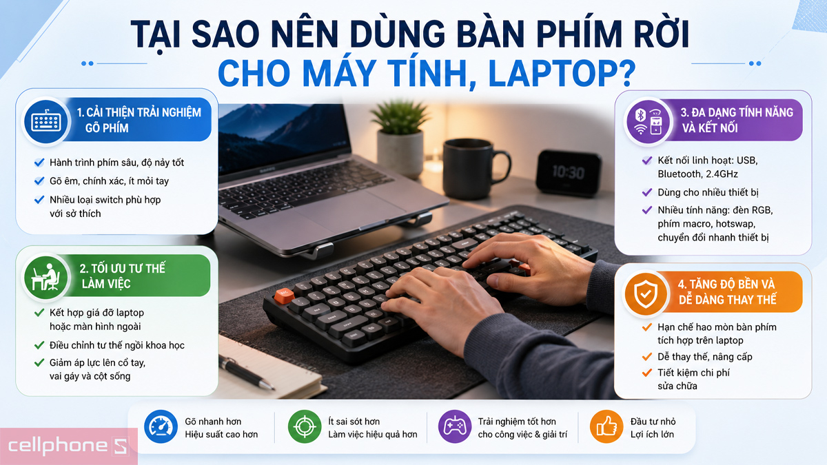 Tại sao nên sử dụng bàn phím cho máy tính hay bàn phím rời cho laptop?