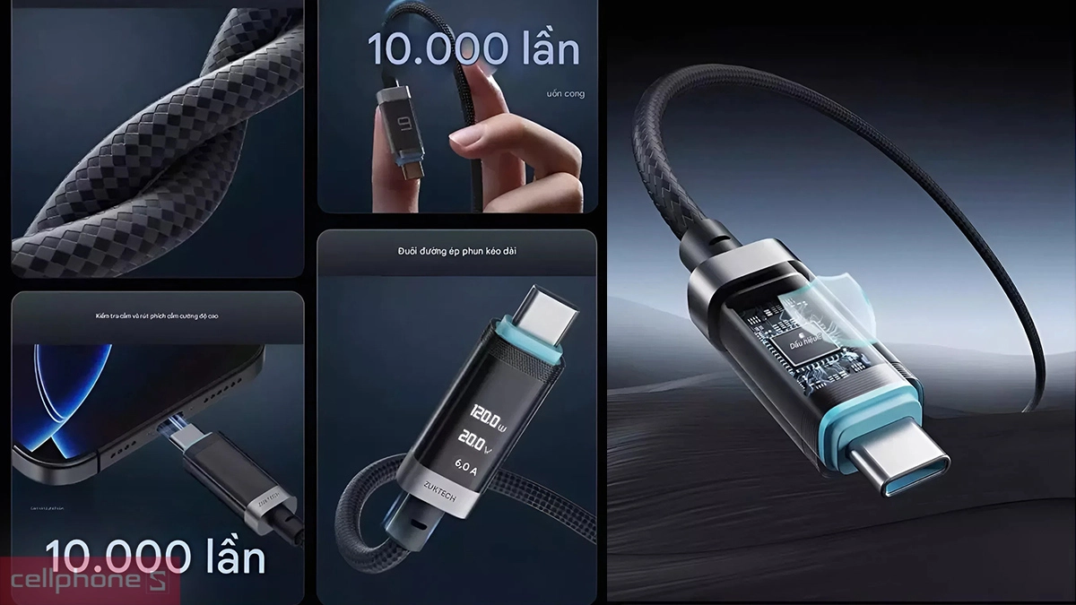 Bện nylon cáp Type-C to C Cuktech 6A 240W 2m CTC620P màn hình số