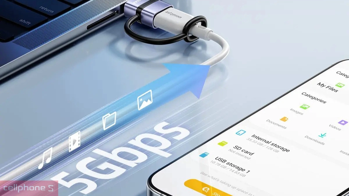 Hiệu suất truyền tải cổng chuyển OTG Innostyle FlexLink Type-C to USB-A Female Silicone Tape ST-510GY