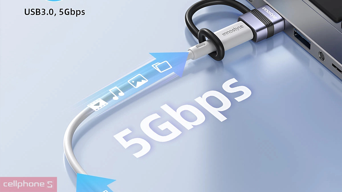 Tốc độ truyền tải cổng chuyển OTG Innostyle FlexiLink USB-A to Type-C Female Silicone Tape ST-520GY