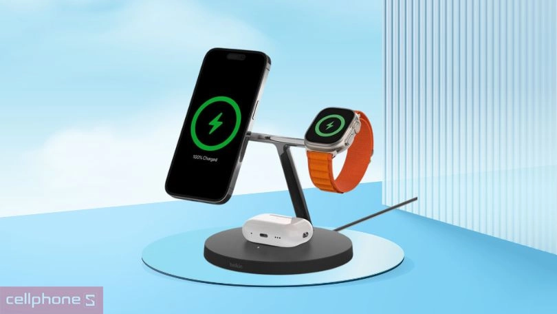 Thiết kế sạc không dây Belkin Magsafe 3 in 1 Boostcharge Pro đứng 15W kèm sạc