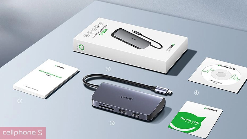 HUB chuyển đổi Ugreen Type-C sang 3 USB 3.0 + HDMI + VGA + LAN + SD/TF hỗ trợ nguồn Type-C 40873