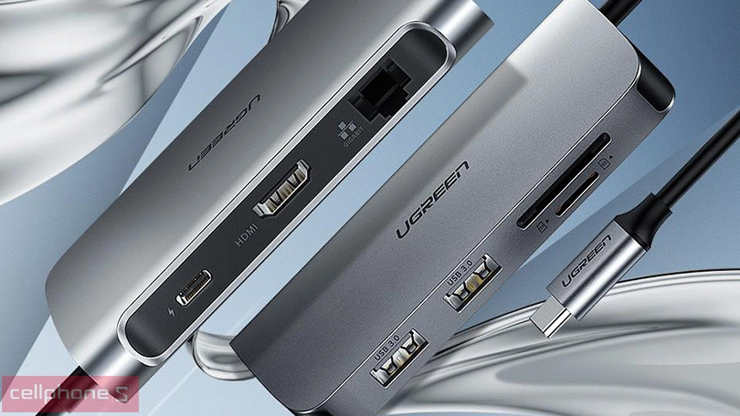 HUB chuyển đổi Ugreen Type-C sang 3 USB 3.0 + HDMI + VGA + LAN + SD/TF hỗ trợ nguồn Type-C 40873