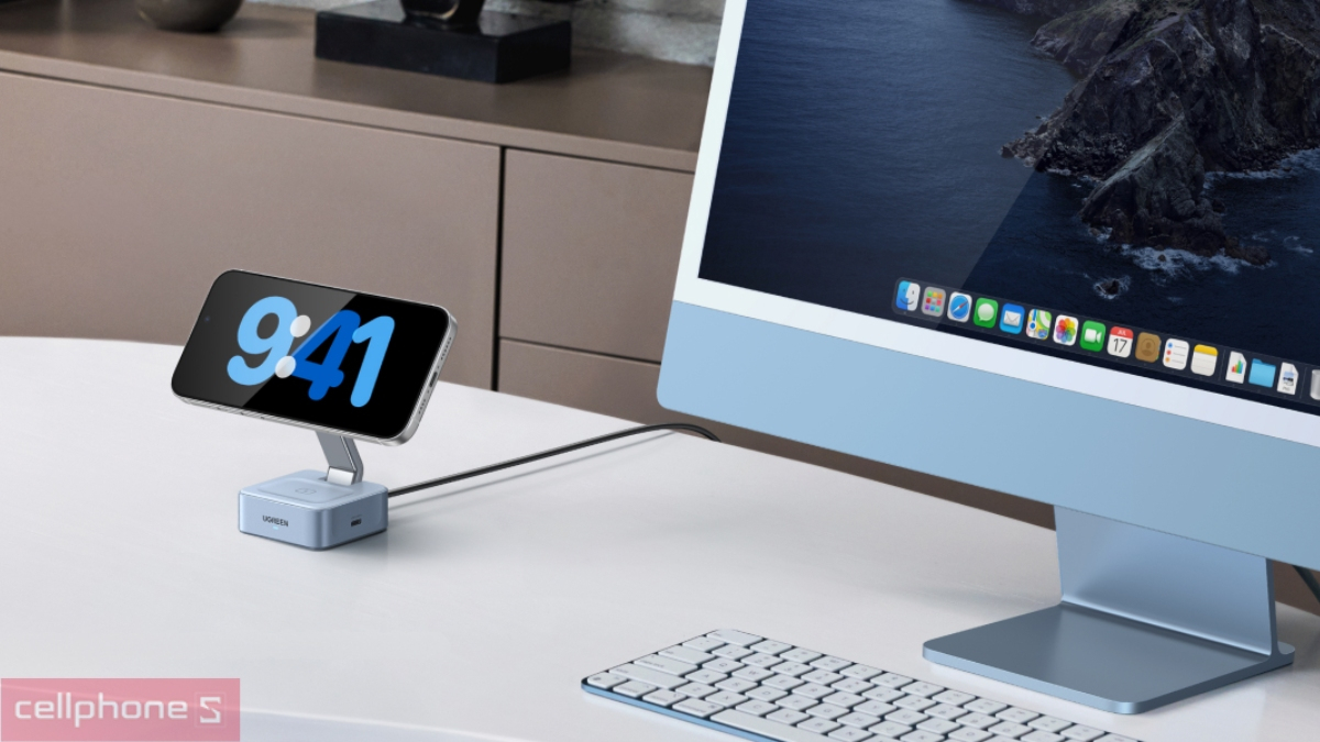 Thiết kế đế sạc không dây để bàn Ugreen MagFlow 2 in 1 25W 55960