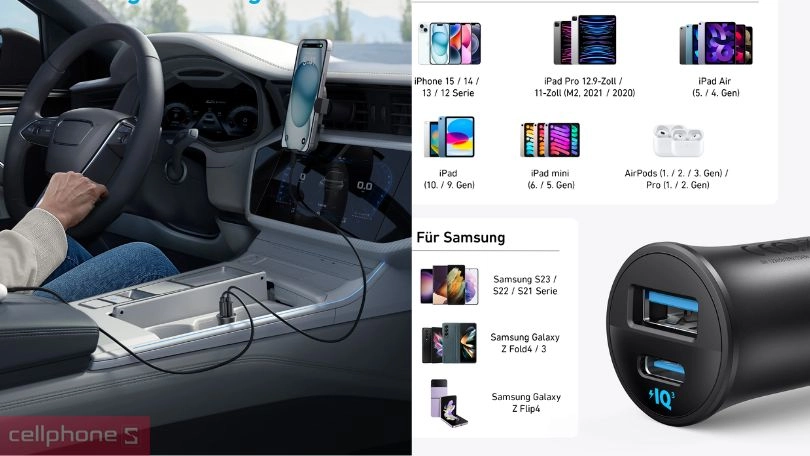 Khả năng tương tích tẩu sạc ô tô Anker 2 cổng 1A1C 30W A2741