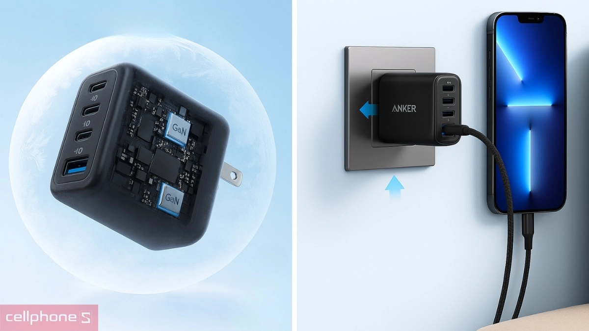 Thiết kế Anker 4 cổng 3C1A GaN 70W A121C