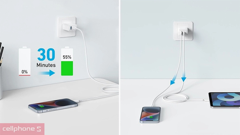 Thiết kế sạc Anker 2 cổng 1C1A 20W A2348