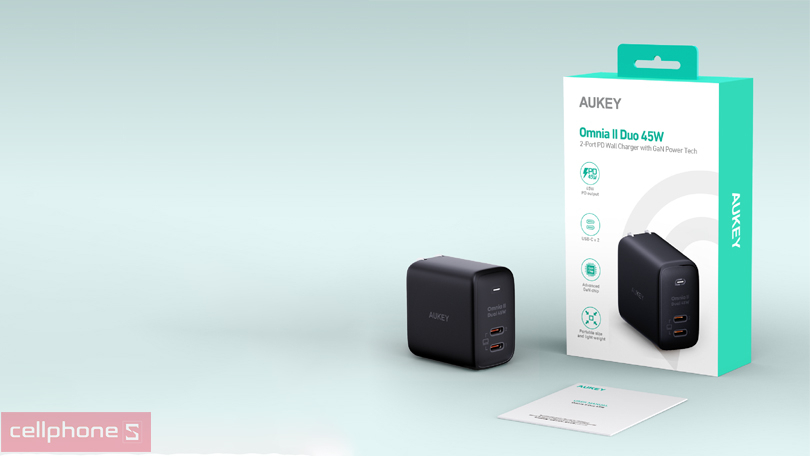 Sạc Aukey PD 45W PA-B4T 2 cổng, chấu gập - Tiết kiệm thời gian sạc, công suất lớn