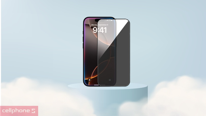 Thiết kế kính cường lực iPhone 16 Pro chống nhìn trộm Mipow Premium Privacy