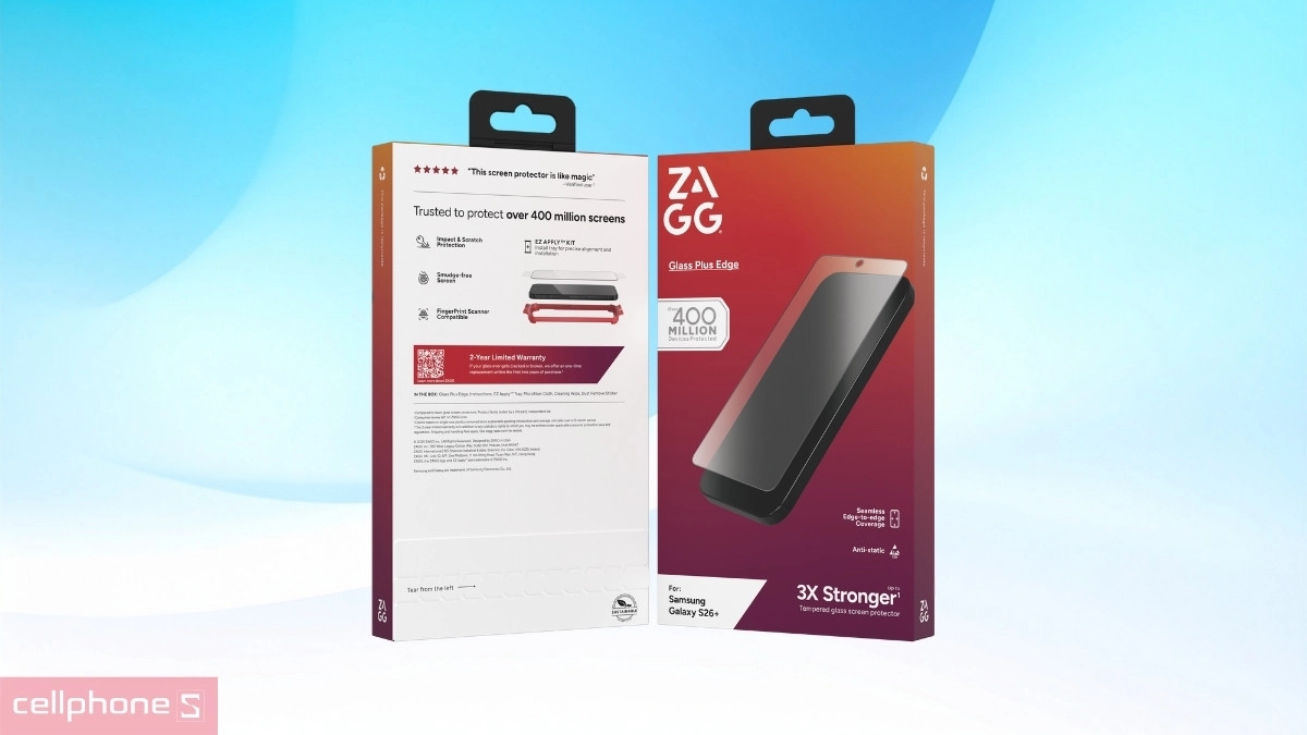 Độ trong suốt kính cường lực Samsung Galaxy S26 Plus Zagg Glass Plus Edge full viền có khay dán