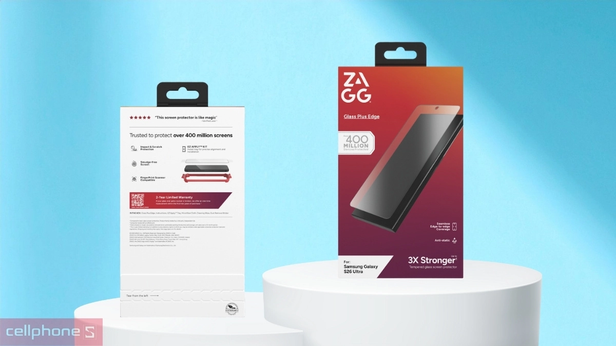 Bao bì của sản phẩm kính cường lực Samsung Galaxy S26 Ultra Zagg Glass Plus Edge Full viền có khay dán