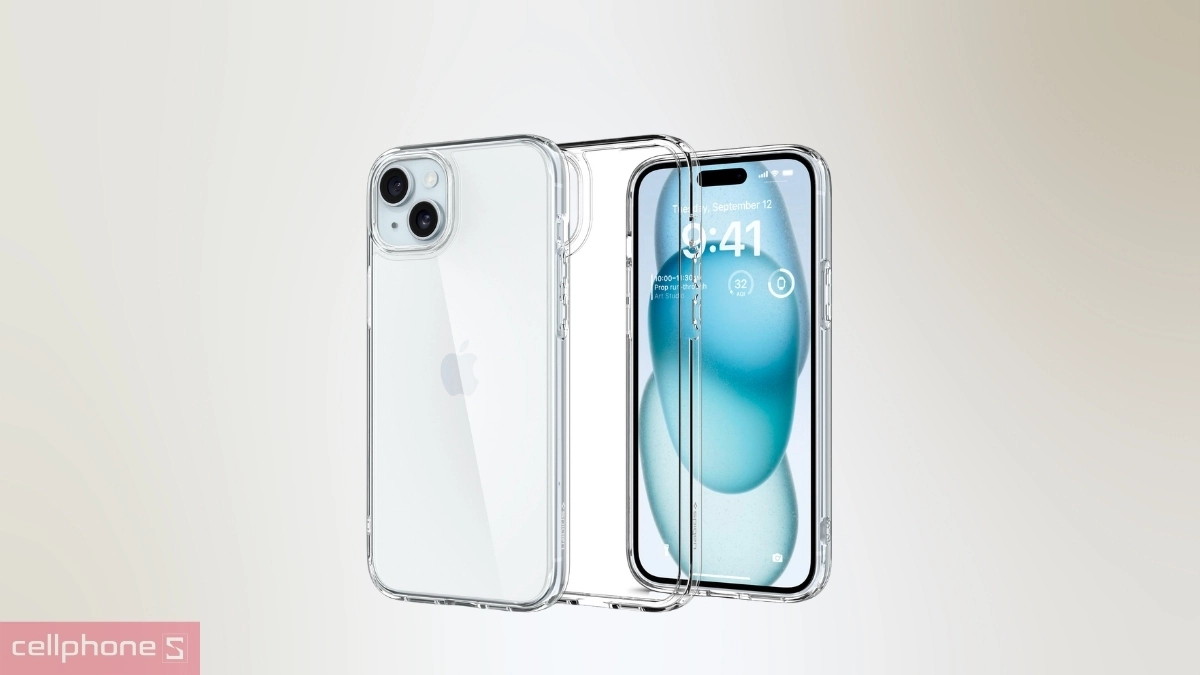 Sạc không dây ốp lưng iPhone 15 Spigen Mag Ultra Hybrid Crystal Clear