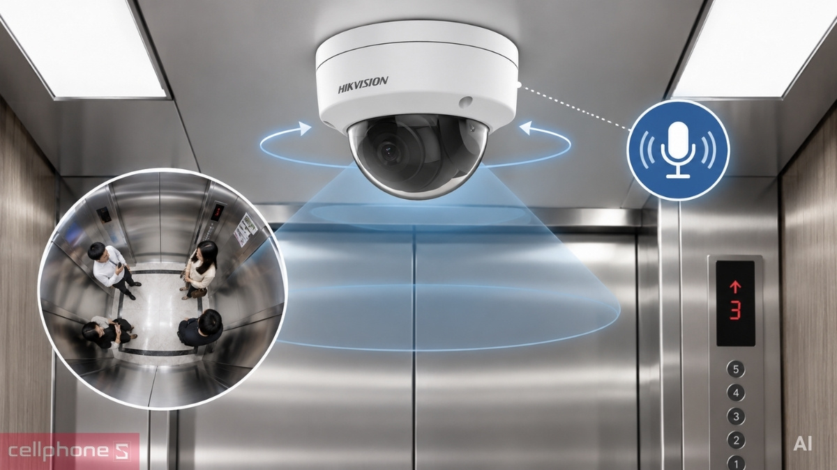 Camera Hikvision 4MP hỗ trợ quan sát trong cabin thang máy.
