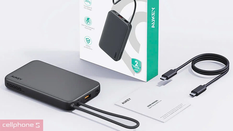 Pin dự phòng Aukey Spark Sling Lite Slim PB-Y53 10.000mAh 15W tích hợp cáp USB-C - Giải pháp sạc đầy mạnh mẽ và tiện lợi