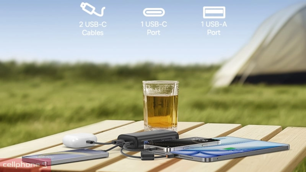 Dung lượng pin dự phòng Baseus Enerfill 10000mAh 67W tích hợp cáp đôi USB-C + màn hình FC41