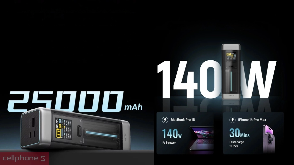 Dung lượng pin của pin sạc dự phòng Cuktech 20 P+Series 2C1A 25000mAh 210W P23