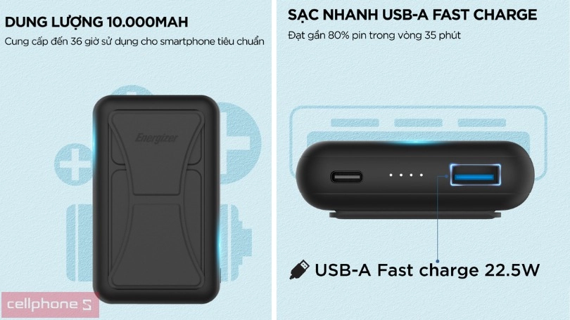 Pin sạc dự phòng Energizer 10000mAh/ 3.85V Li-Polymer - QM10002PQBK - Dễ dàng sạc mọi lúc mọi nơi