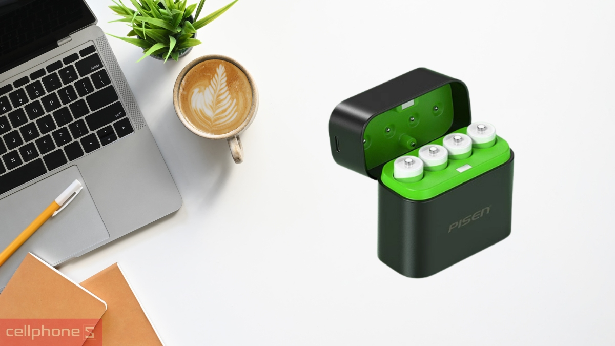 Thiết kế bộ hộp sạc Pisen 4 viên pin AA5 3600mWh Li-Ion 1.5V