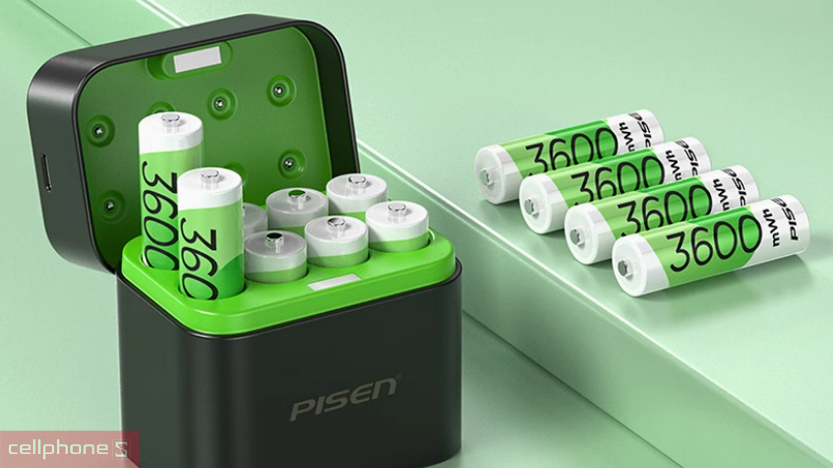 Thiết kế bộ hộp sạc Pisen 8 viên pin AA5 3600mWh Li-Ion 1.5v