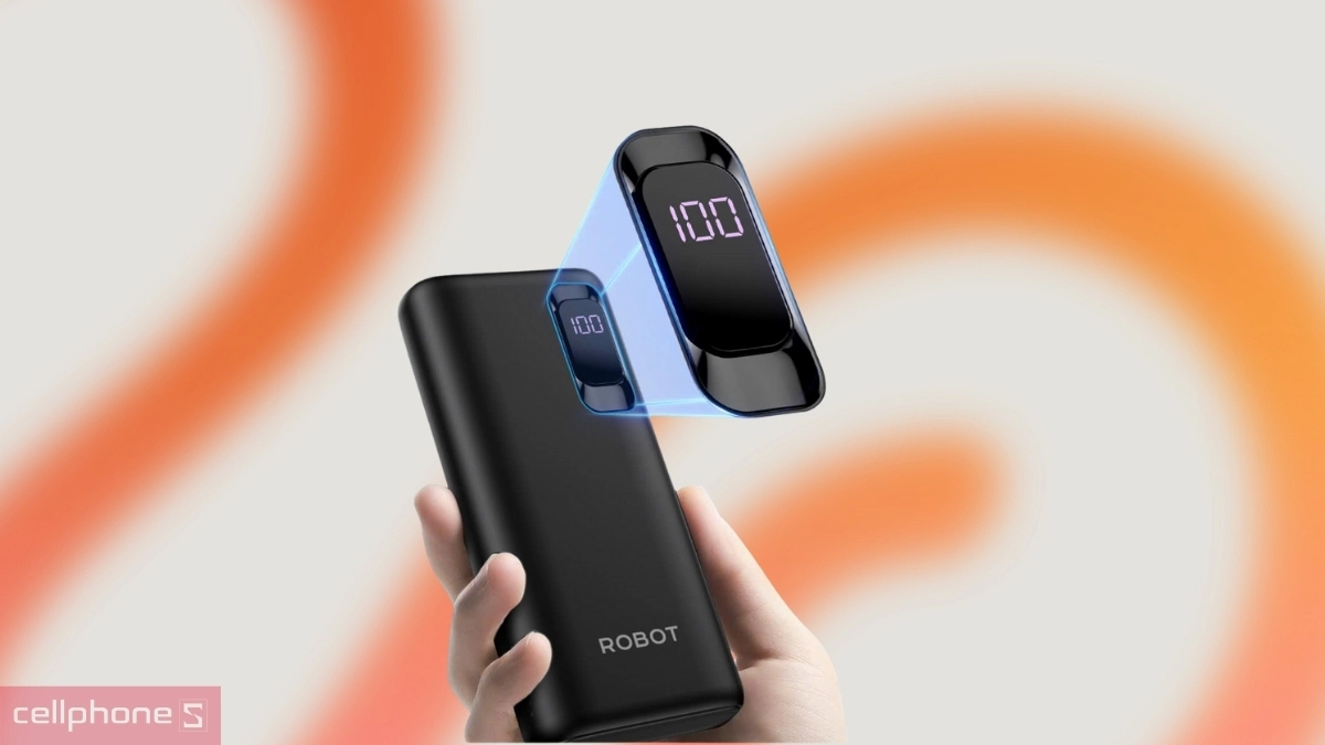 Cụm đèn LED trực quan của pin sạc dự phòng Robot 10000mAh 15W tích hợp cáp Type-C RT102