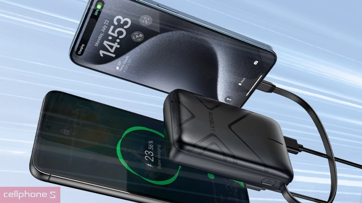 Dung lượng pin, cổng sạc của pin sạc dự phòng Robot 1C1A 10.000mAh RT17