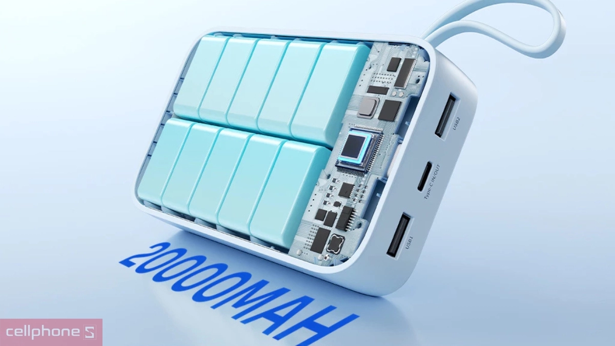 Dung lượng pin, công suất sạc. của pin sạc dự phòng Robot 1C2A 20000mAh RT26