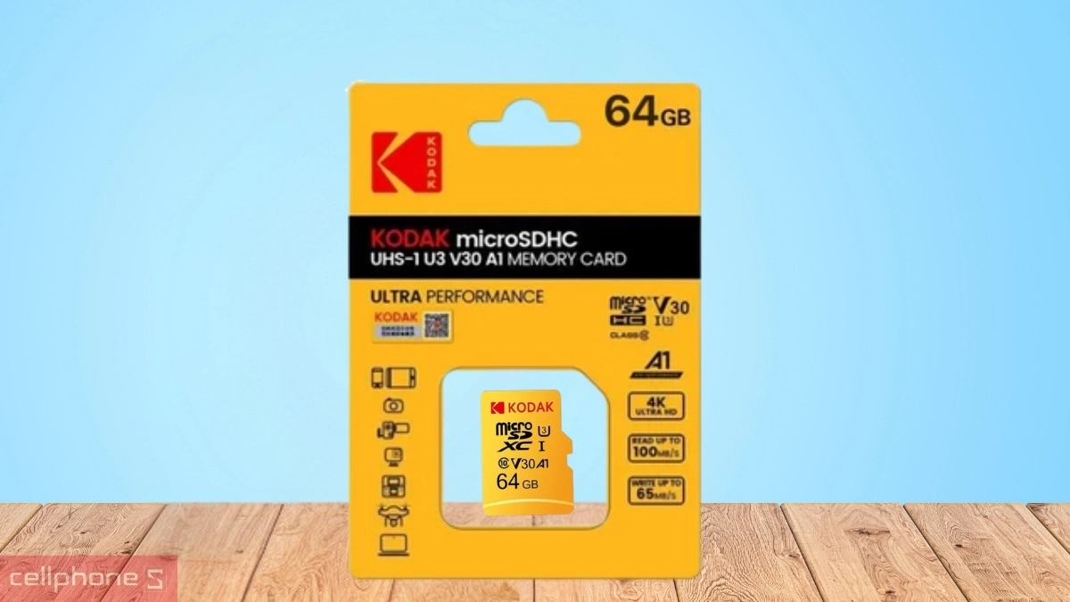 Kết cấu thẻ nhớ MicroSD Kodak 64 GB UHS-I U3/V30/A1 (Adapter)