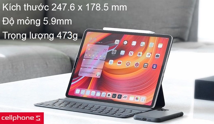 Thiết kế mỏng nhẹ độ mỏng 5.9mm, các góc cạnh bo tròn mềm mại, màu bạc thanh lịch