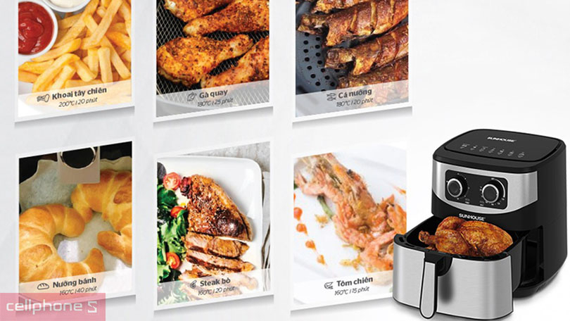 tính năng nấu nồi chiên không dầu sunhouse 9l nhanh