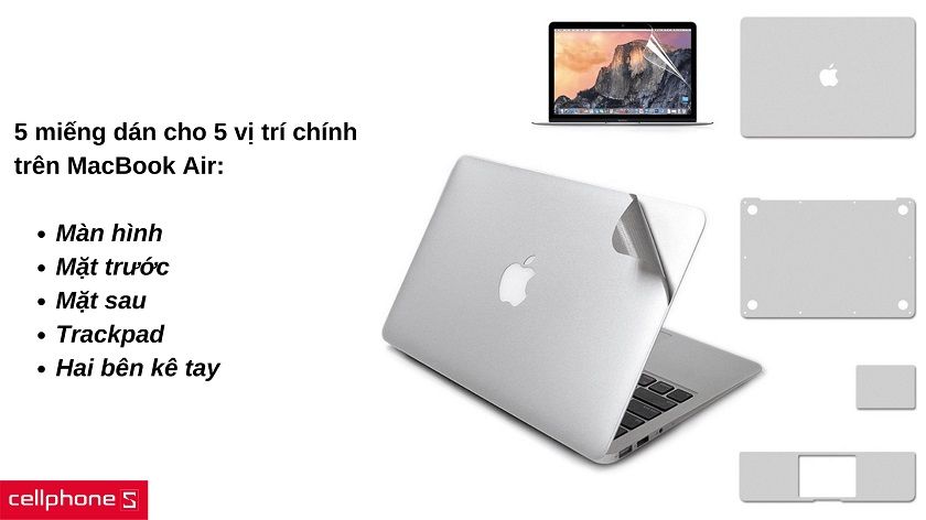 Trọn bộ dán 5 vị trí trên MacBook Air, với độ mỏng ấn tượng cùng keo dán bền bỉ