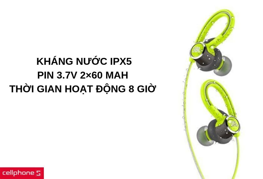 Khả năng kháng khuẩn, mồ hôi chuẩn IPX5, pin 3.7V 2×60 mAh hoạt động 8 giờ có thể sạc lại